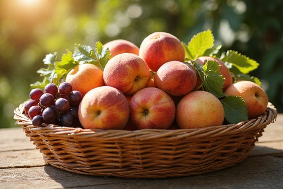 Cesto di frutta di stagione: pesche, uva, fichi